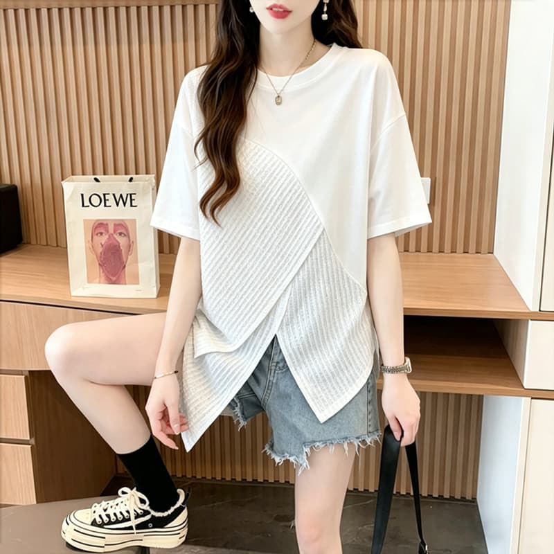 실사 순면 21 200그램 2026 여름 불규칙 패치워크 트임 루즈핏 반팔 티셔츠 여성 상세 이미지 2