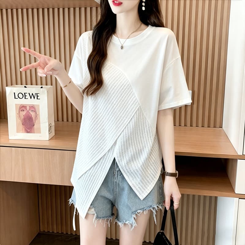 실사 순면 21 200그램 2026 여름 불규칙 패치워크 트임 루즈핏 반팔 티셔츠 여성 상세 이미지 3