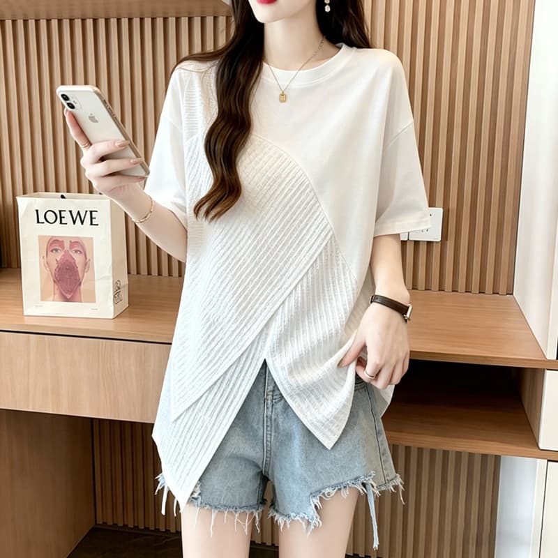 실사 순면 21 200그램 2026 여름 불규칙 패치워크 트임 루즈핏 반팔 티셔츠 여성 상세 이미지 4