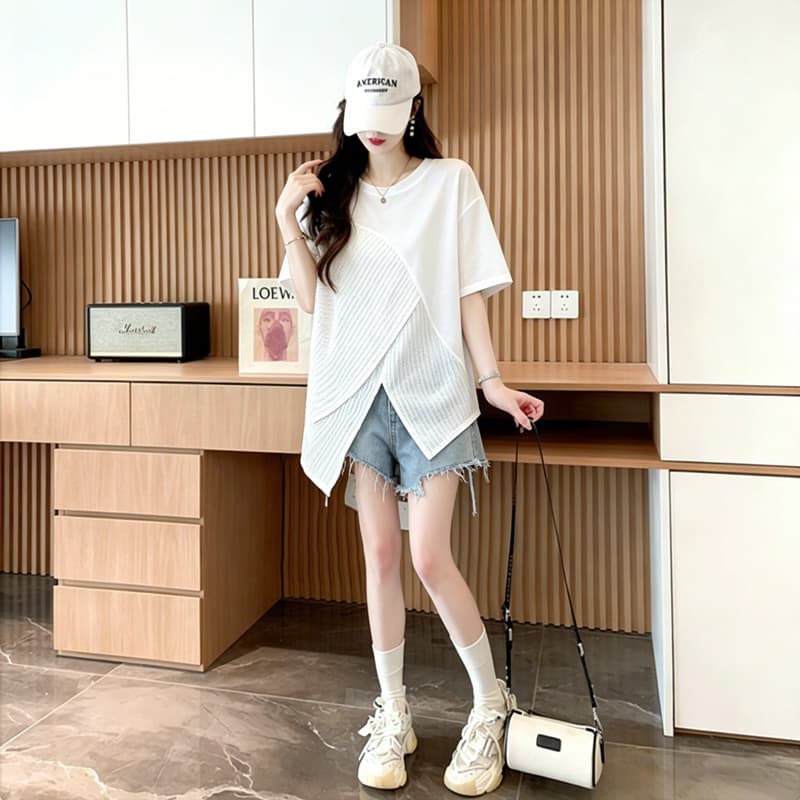 실사 순면 21 200그램 2026 여름 불규칙 패치워크 트임 루즈핏 반팔 티셔츠 여성 상세 이미지 6