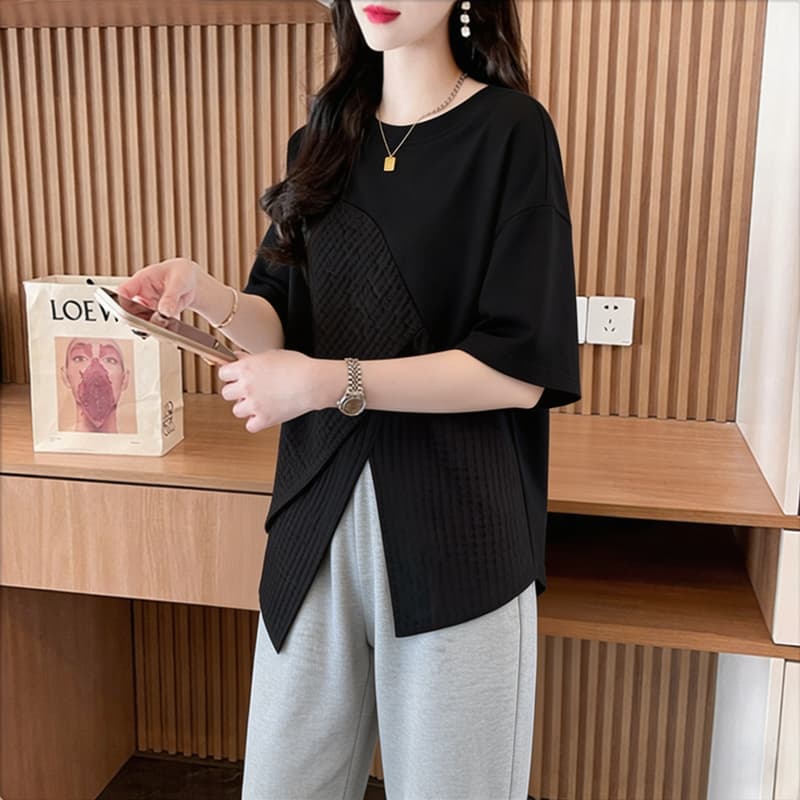 실사 순면 21 200그램 2026 여름 불규칙 패치워크 트임 루즈핏 반팔 티셔츠 여성 상세 이미지 9