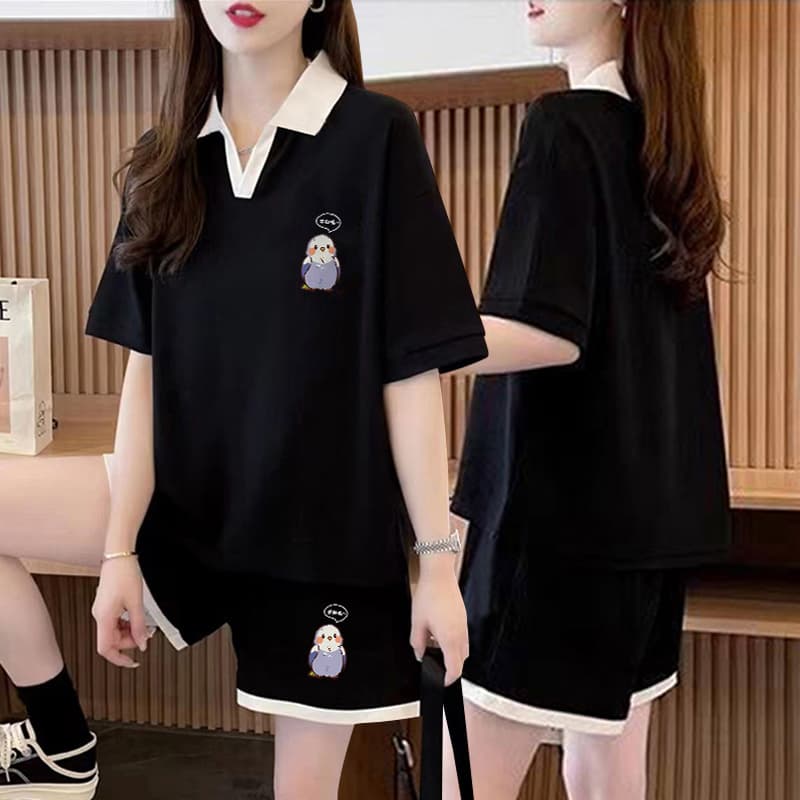 실사 순면 32 더블 실 320 그램 2026 여름 운동 반팔 티셔츠 반바지 투피스 슈트 여성 이미지 2