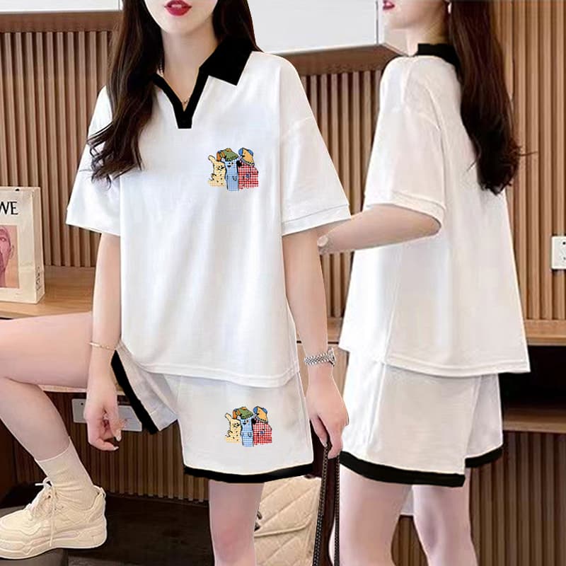 실사 순면 32 더블 실 320 그램 2026 여름 운동 반팔 티셔츠 반바지 투피스 슈트 여성 이미지 2