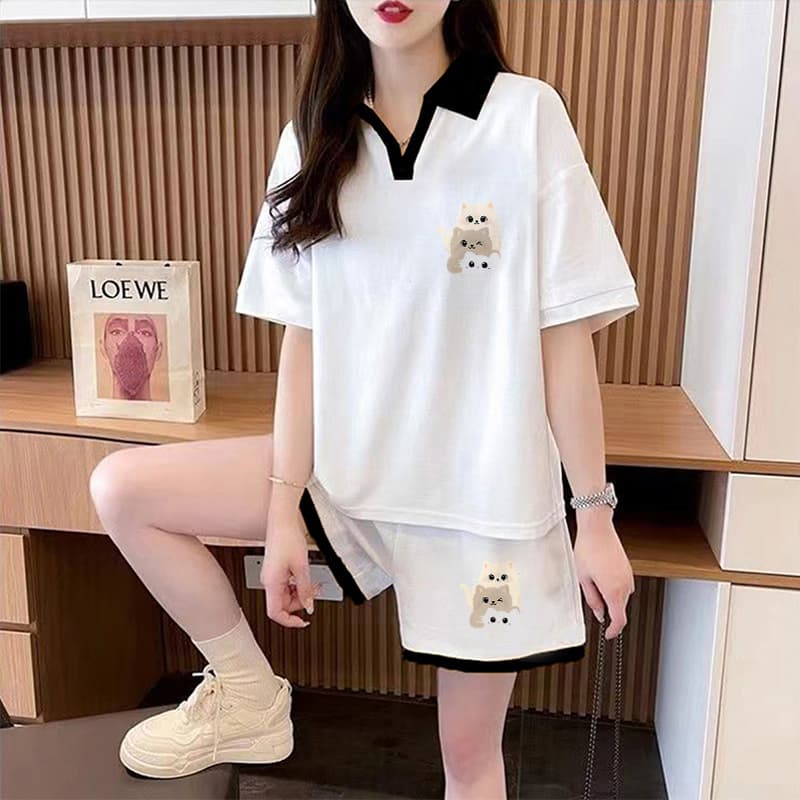 실사 순면 32 더블 실 320 그램 2026 여름 운동 반팔 티셔츠 반바지 투피스 슈트 여성 이미지 4