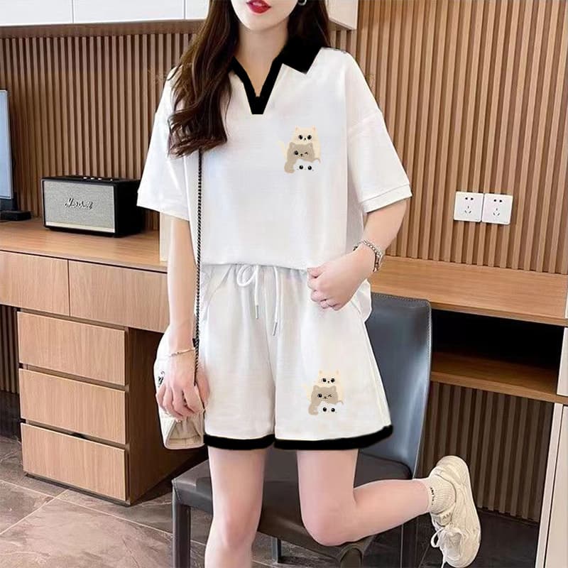 실사 순면 32 더블 실 320 그램 2026 여름 운동 반팔 티셔츠 반바지 투피스 슈트 여성 상세 이미지 3
