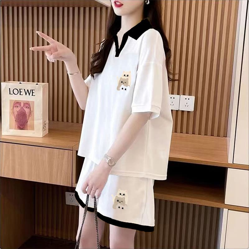 실사 순면 32 더블 실 320 그램 2026 여름 운동 반팔 티셔츠 반바지 투피스 슈트 여성 상세 이미지 4