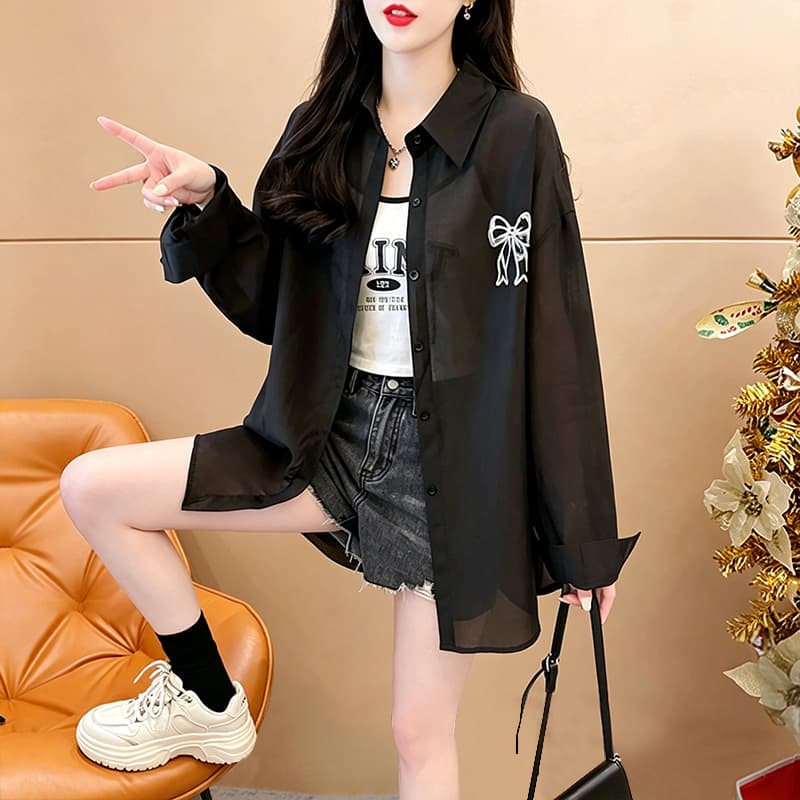 실사 폴리코튼 2026 여름 얇은 스타일 자외선 차단 의류 여성 셔츠 루즈핏 외부 가져 가라. 긴팔 재킷 셔츠 상세 이미지 9