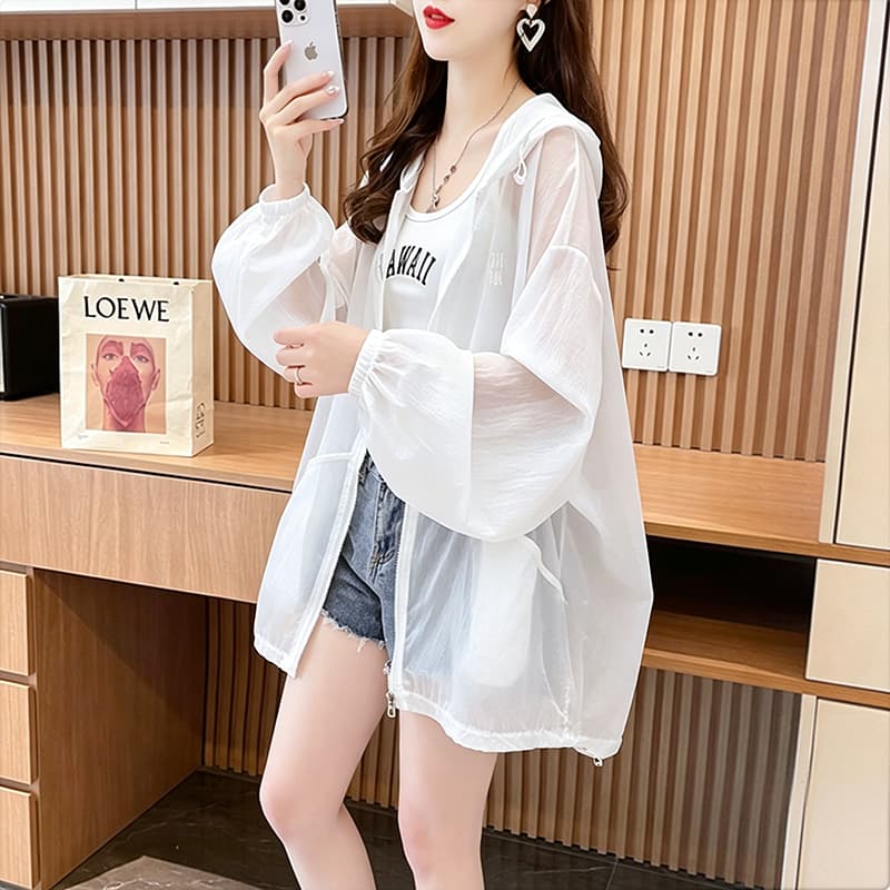 실사 폴리에스터 2026 여름 얇은 스타일 후드 자외선 차단 의류 여성 루즈핏 외부 가져 가라. 긴팔 재킷 맨위 이미지 3