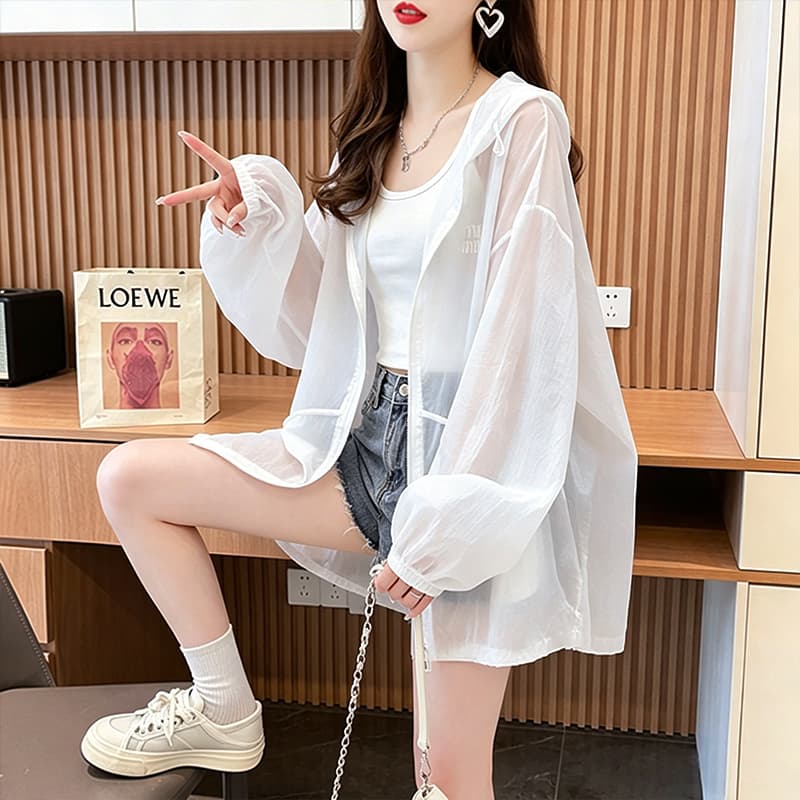 실사 폴리에스터 2026 여름 얇은 스타일 후드 자외선 차단 의류 여성 루즈핏 외부 가져 가라. 긴팔 재킷 맨위 상세 이미지 6