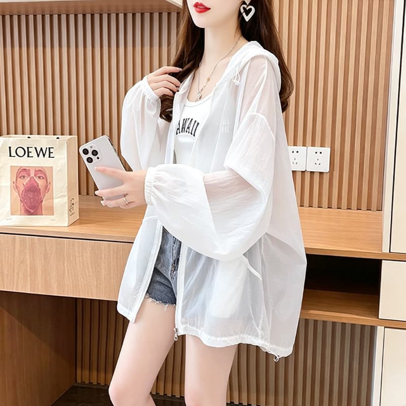 실사 폴리에스터 2026 여름 얇은 스타일 후드 자외선 차단 의류 여성 루즈핏 외부 가져 가라. 긴팔 재킷 맨위 상세 이미지 7