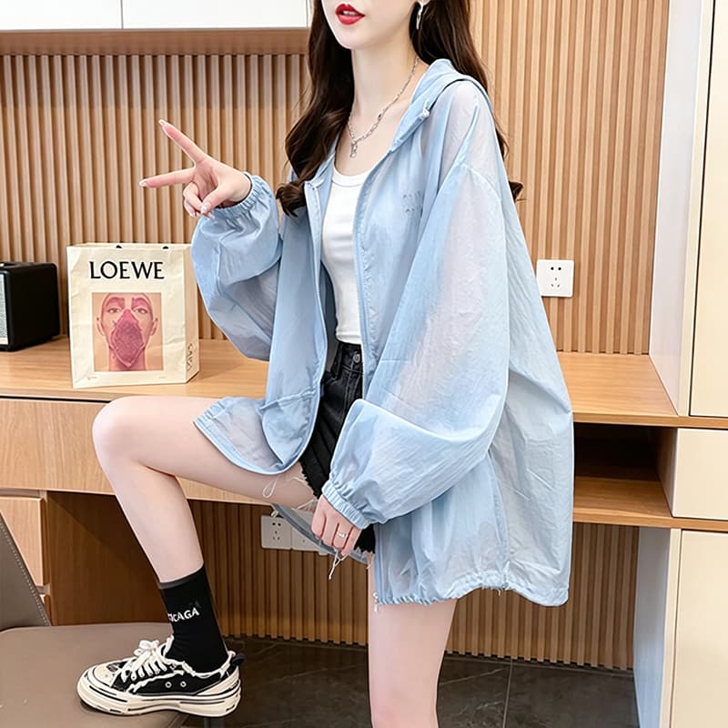 실사 폴리에스터 2026 여름 얇은 스타일 후드 자외선 차단 의류 여성 루즈핏 외부 가져 가라. 긴팔 재킷 맨위 상세 이미지 11