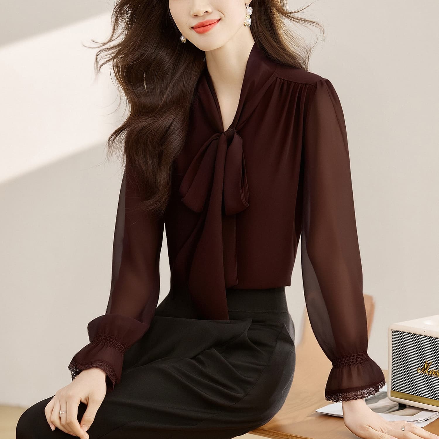 실사 2026 봄 새로운 나비 매듭 V넥 긴팔 쉬폰 블라우스 여성 셔츠 외국 가스 작은 셔츠 셔츠 만나는 다용도 이미지 2
