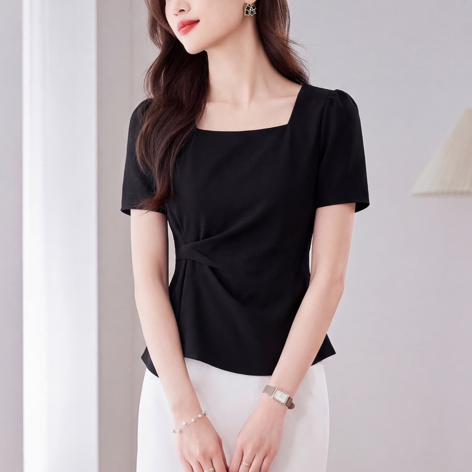 실사 패션 광장 칼라 반팔 여름 새로운 불규칙 디자인 센스 슬림해 보이는 다용도 프로 피부 순면 티셔츠 맨위 이미지 5