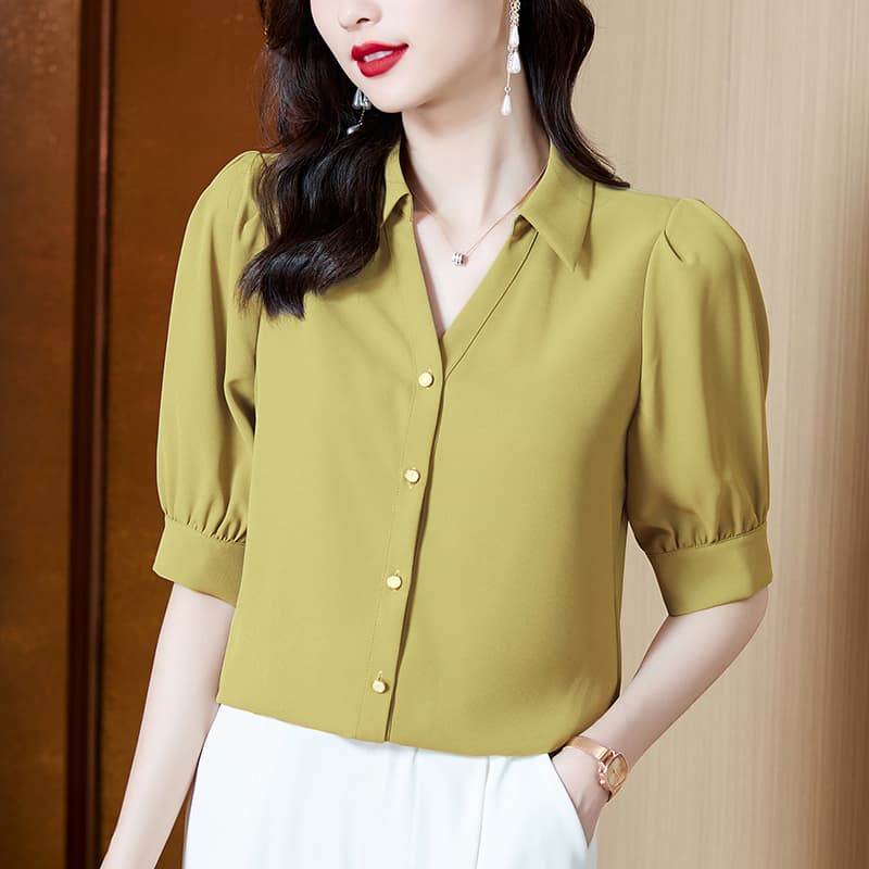 실사 2026 여름 새로운 반팔 여성 셔츠 여름 V넥 거품 소매 프랑스식 Chic 품격 시폰 셔츠 여성 이미지 2