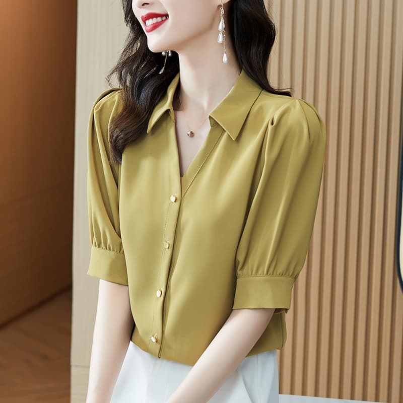 실사 2026 여름 새로운 반팔 여성 셔츠 여름 V넥 거품 소매 프랑스식 Chic 품격 시폰 셔츠 여성 이미지 4