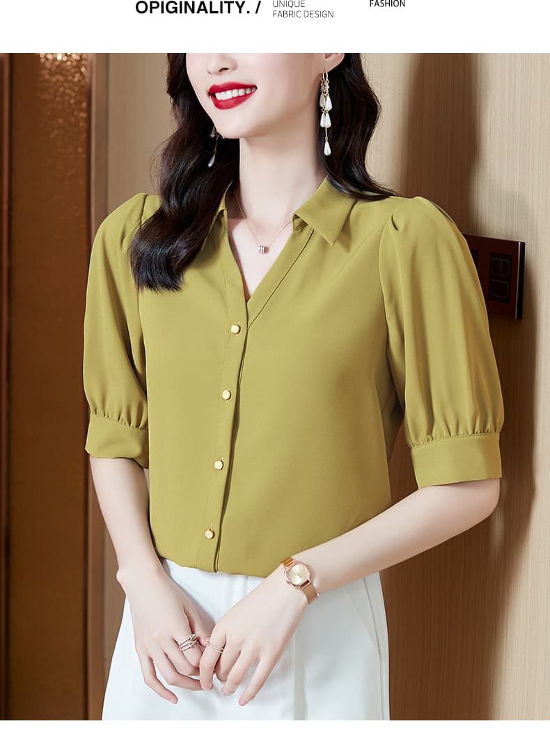 실사 2026 여름 새로운 반팔 여성 셔츠 여름 V넥 거품 소매 프랑스식 Chic 품격 시폰 셔츠 여성 상세 이미지 9