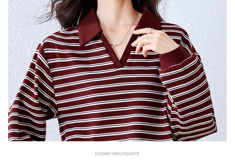 실사 스트라이프 패치워크 폴로 칼라 후드티 2026 가을 새로운 캐주얼 배색 다용도 슬림해 보이는 맨위 여성 상세 이미지 15