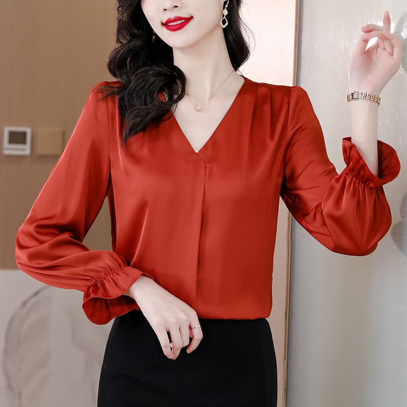 실사 벽돌 빨간색 새틴 쉬폰 블라우스 여성 셔츠 2026 가을 새로운 레트로 루즈핏 품격 V 넥 셔츠 이미지 4