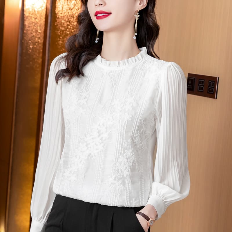 실사 2026 년 가을 새로운 레이스 쉬폰 셔츠 봄 드레스 트렌디 유럽 상품 기본 셔츠 다용도 맨위