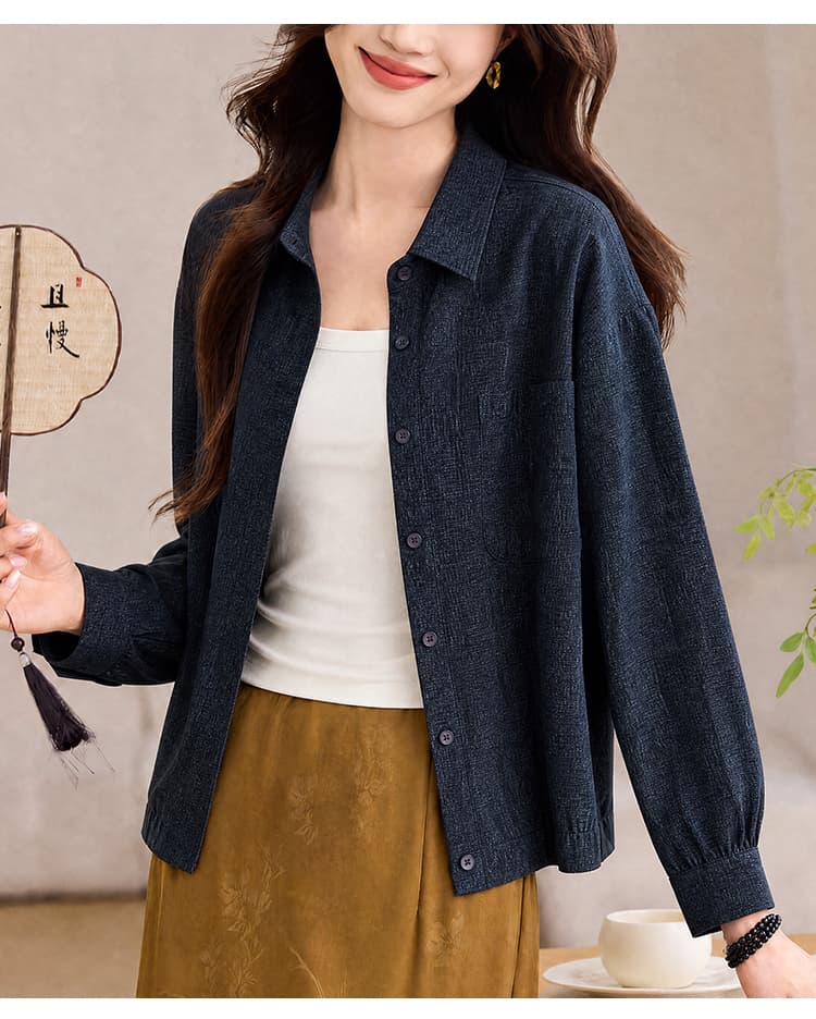 실사 2026 가을 새로운 마이크로 주름 메커니즘 면 셔츠 칼라 캐주얼 다용도 짧은 여성 코트 상세 이미지 15