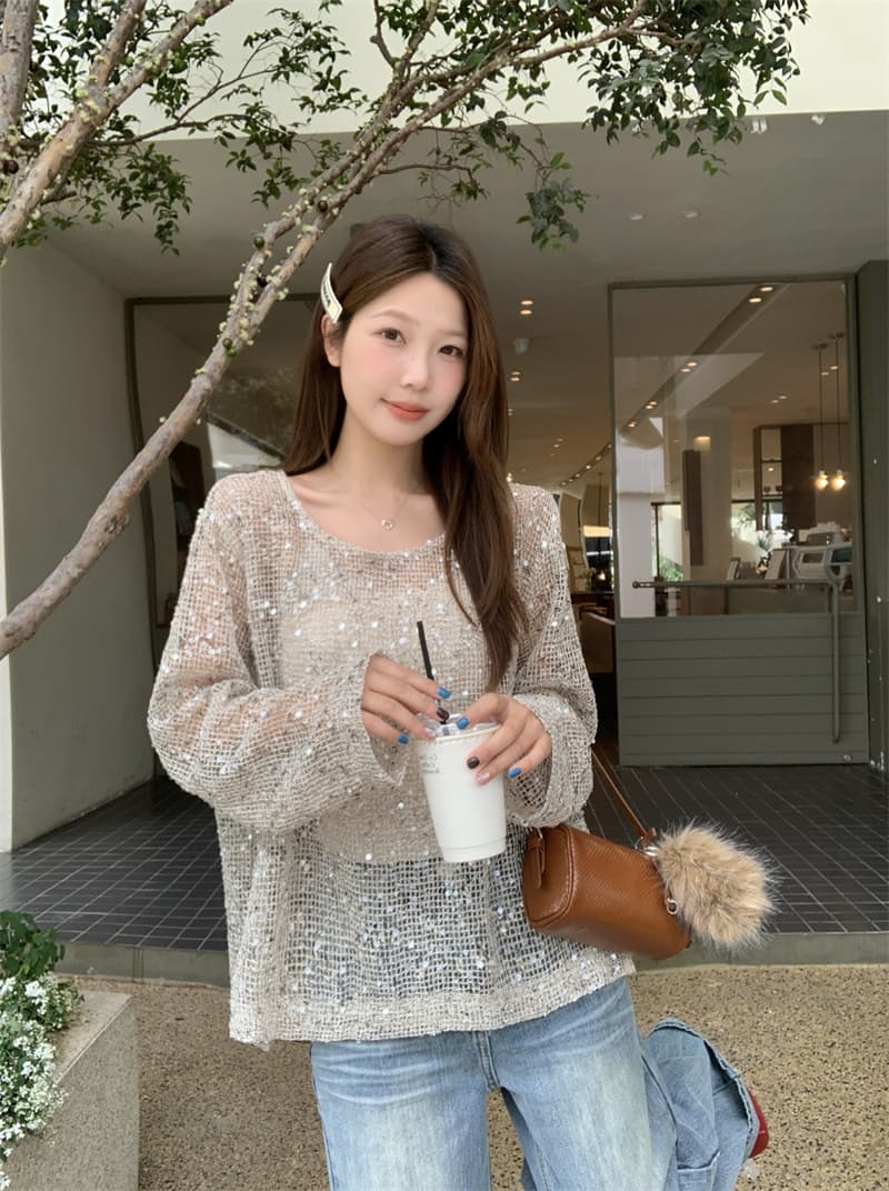 빅 사이즈 한 부서 고급 센스 아름다운 루즈핏 슬림해 보이는 스팽글 홀로우 아웃 맨위 상세 이미지 15