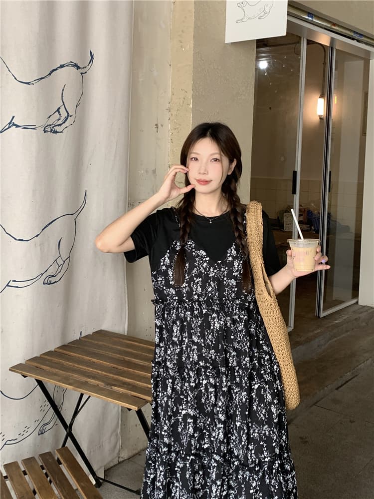 실사 지방 mm 그는 벤 바람 외국 가스 연령 감소 꽃무늬 패치워크 페이크 레이어드 슬림해 보이는 표지 배 드레스 이미지 2
