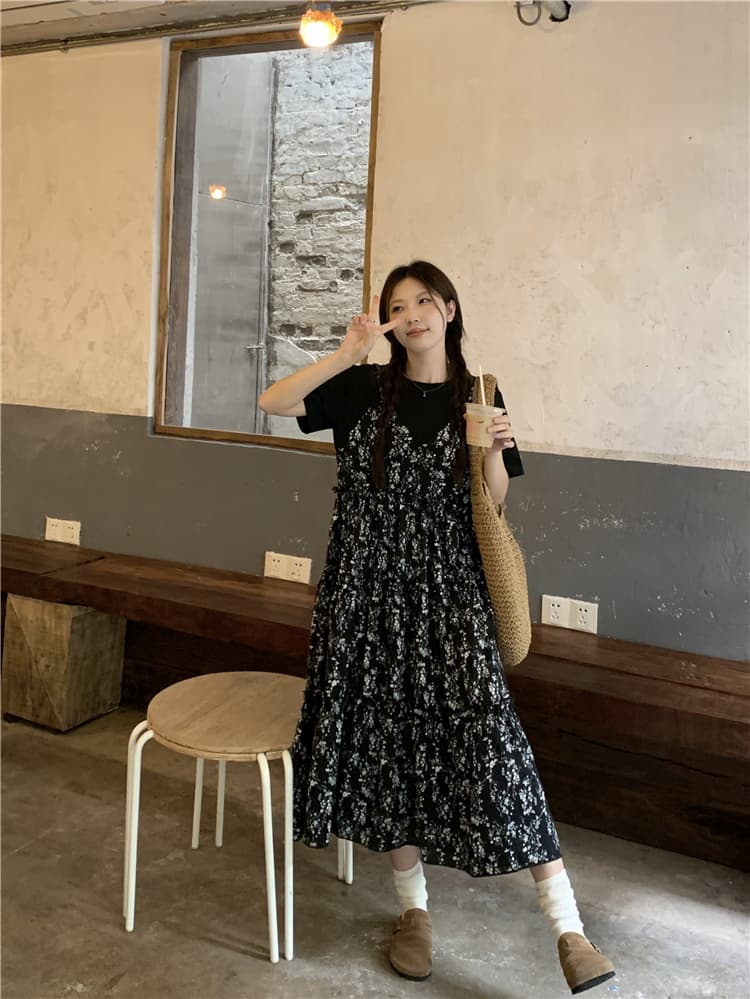 실사 지방 mm 그는 벤 바람 외국 가스 연령 감소 꽃무늬 패치워크 페이크 레이어드 슬림해 보이는 표지 배 드레스 상세 이미지 3