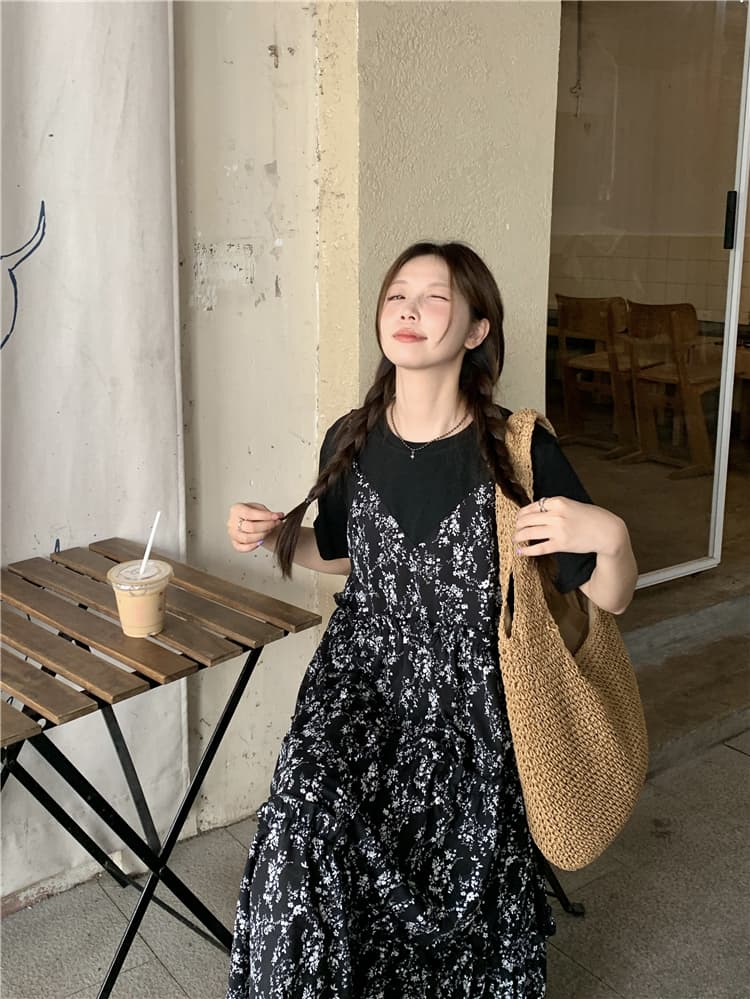 실사 지방 mm 그는 벤 바람 외국 가스 연령 감소 꽃무늬 패치워크 페이크 레이어드 슬림해 보이는 표지 배 드레스 상세 이미지 4