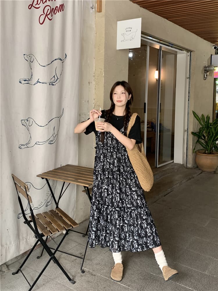 실사 지방 mm 그는 벤 바람 외국 가스 연령 감소 꽃무늬 패치워크 페이크 레이어드 슬림해 보이는 표지 배 드레스 상세 이미지 6