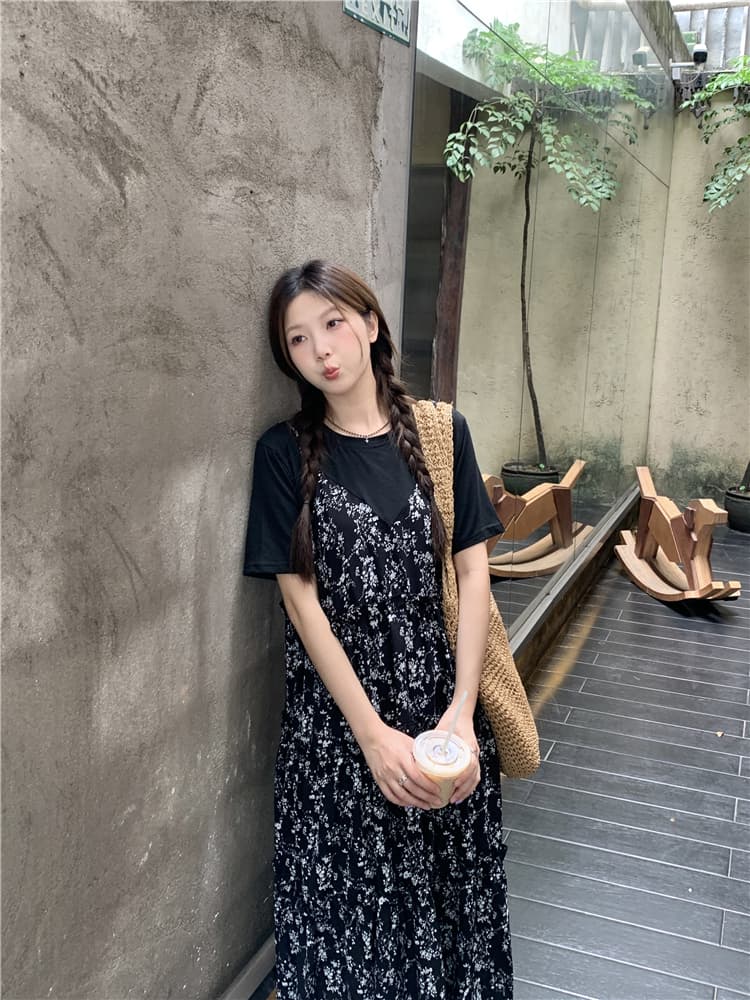 실사 지방 mm 그는 벤 바람 외국 가스 연령 감소 꽃무늬 패치워크 페이크 레이어드 슬림해 보이는 표지 배 드레스 상세 이미지 7