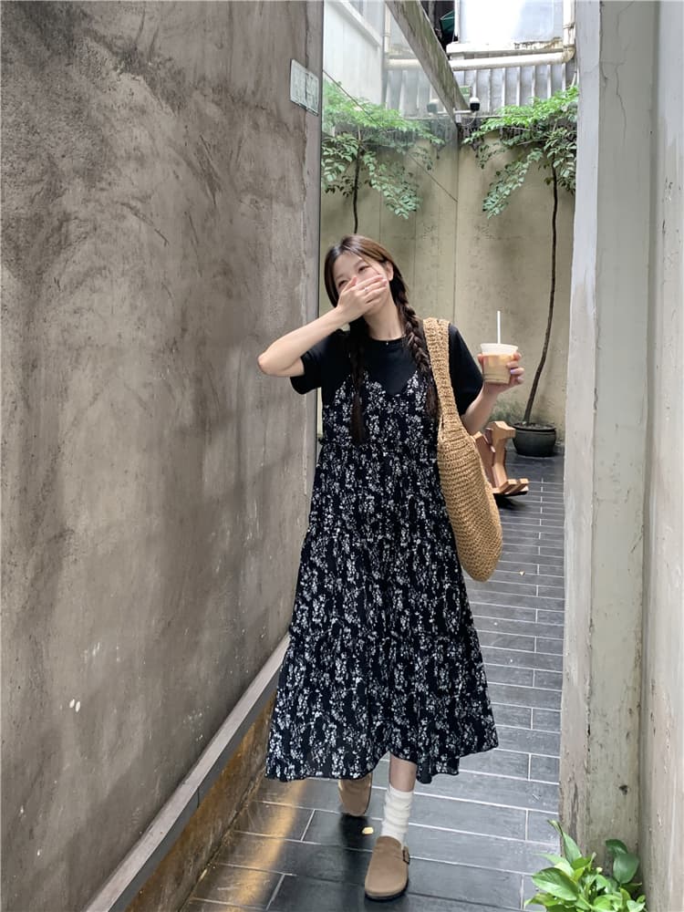 실사 지방 mm 그는 벤 바람 외국 가스 연령 감소 꽃무늬 패치워크 페이크 레이어드 슬림해 보이는 표지 배 드레스 상세 이미지 10