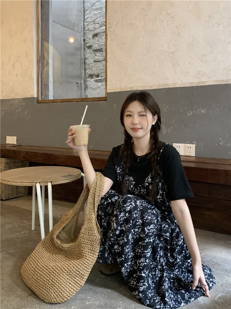 실사 지방 mm 그는 벤 바람 외국 가스 연령 감소 꽃무늬 패치워크 페이크 레이어드 슬림해 보이는 표지 배 드레스 상세 이미지 12