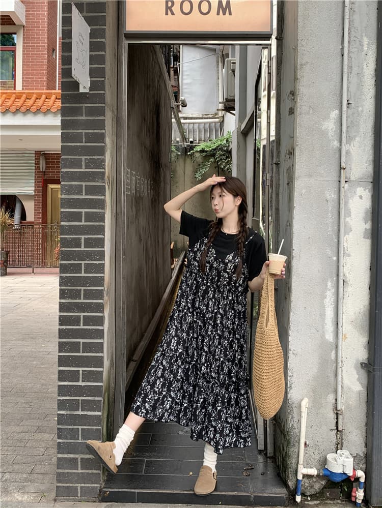 실사 지방 mm 그는 벤 바람 외국 가스 연령 감소 꽃무늬 패치워크 페이크 레이어드 슬림해 보이는 표지 배 드레스 상세 이미지 13