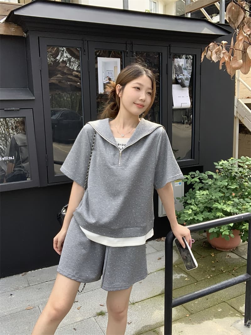 실사 지방 mm 외국 가스 연령 감소 핫픽스 페이크 레이어드 슬림해 보이는 해군 칼라 맨위 반바지 세트 상세 이미지 3