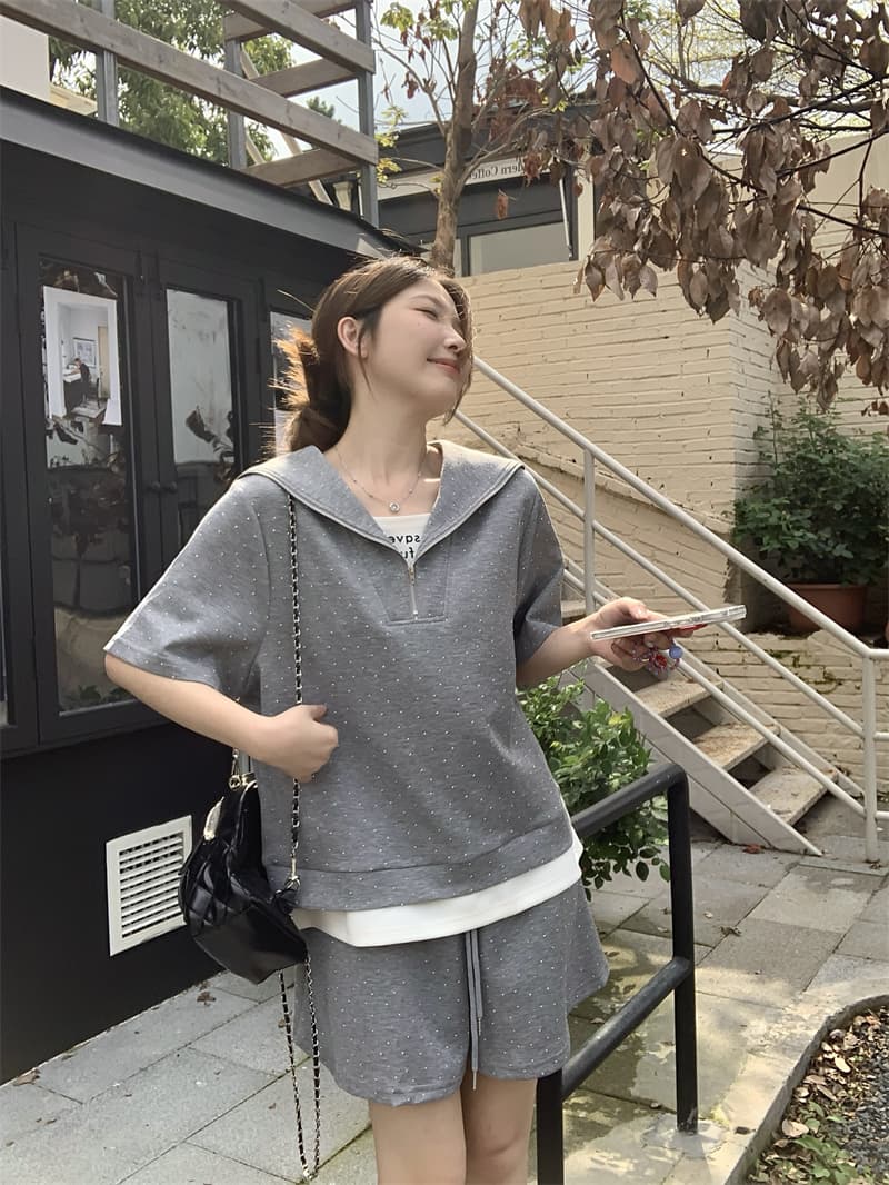실사 지방 mm 외국 가스 연령 감소 핫픽스 페이크 레이어드 슬림해 보이는 해군 칼라 맨위 반바지 세트 상세 이미지 14