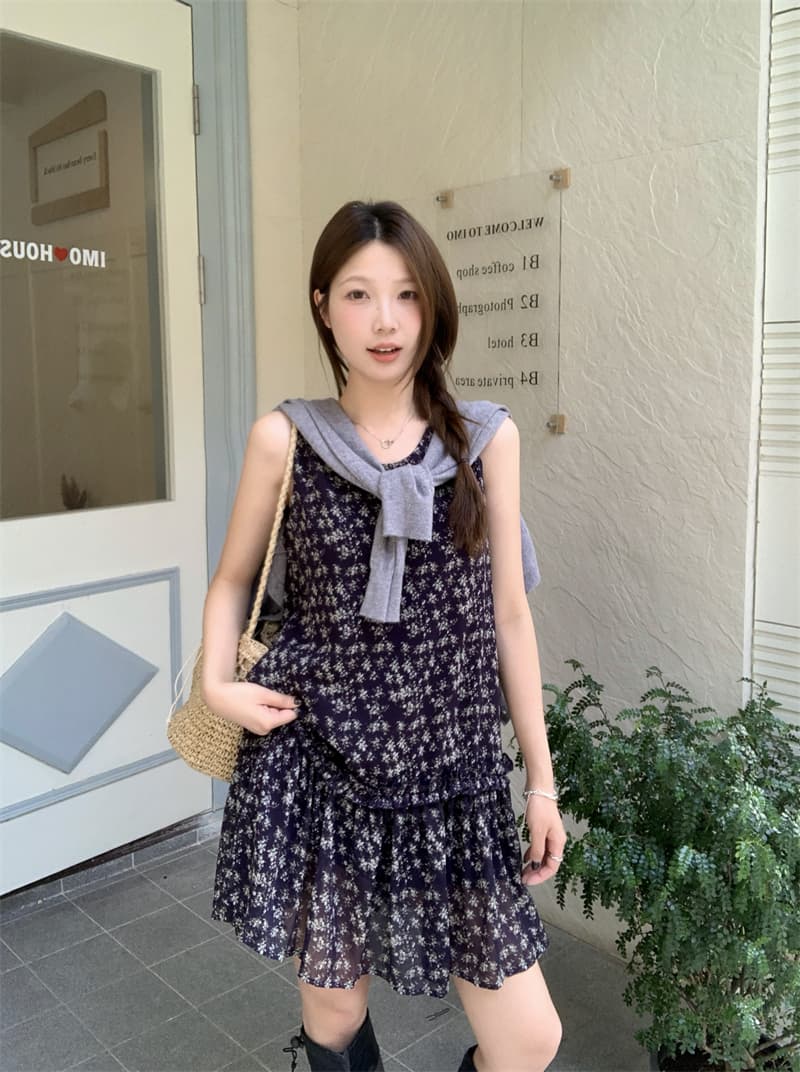 실사 지방 mm 프랑스식 V넥 꽃무늬 민소매 표지 고기 슬림해 보이는 드레스