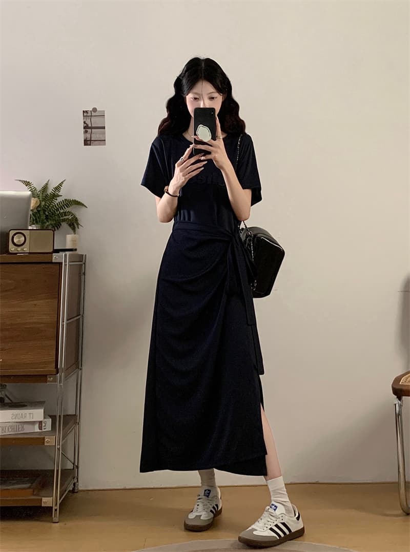 실사 지방 mm 허리 스트랩 앞치마 페이크 레이어드 3 차원 알파벳 라운드 넥 슬림해 보이는 표지 고기 드레스 상세 이미지 2