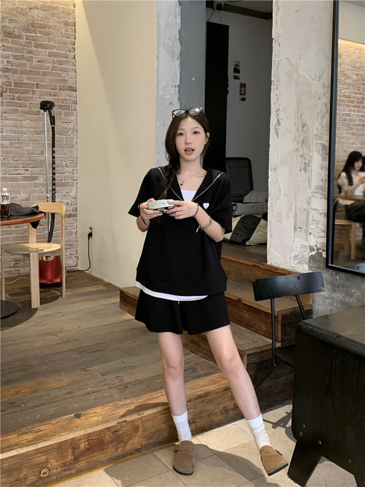 실사 지방 mm 학원 스타일 빅 사이즈 페이크 레이어드 해군 칼라 슬림해 보이는 맨위 반바지 세트 이미지 3