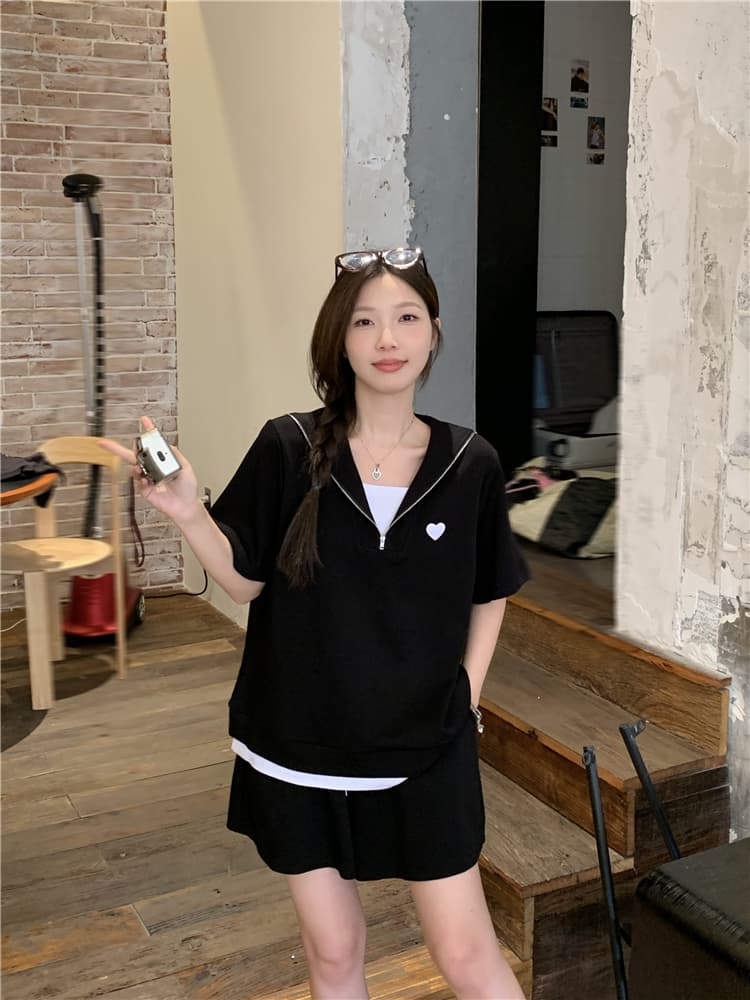 실사 지방 mm 학원 스타일 빅 사이즈 페이크 레이어드 해군 칼라 슬림해 보이는 맨위 반바지 세트 상세 이미지 10