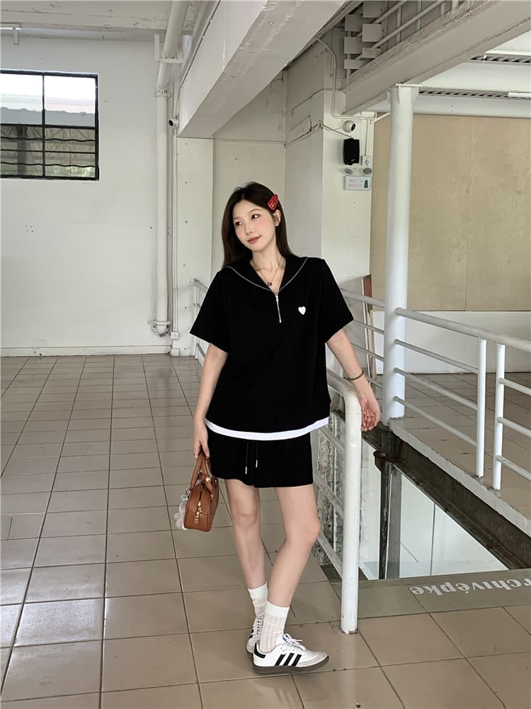 실사 지방 mm 학원 스타일 빅 사이즈 페이크 레이어드 해군 칼라 슬림해 보이는 맨위 반바지 세트 상세 이미지 19