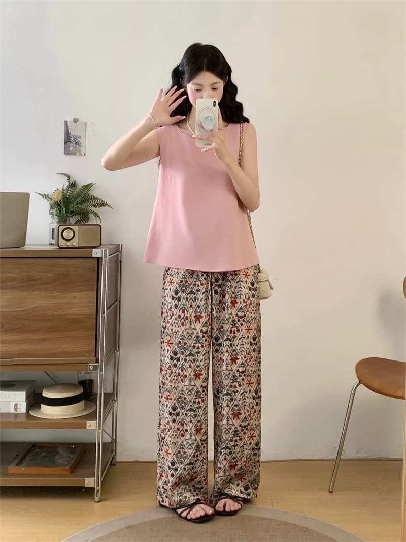 지방 mm 한 부서 미니멀리즘 표지 대리인 우유 슬림해 보이는 연령 감소 민소매 맨위 꽃무늬 슬림해 보이는 와이드 레그 팬츠 상세 이미지 5