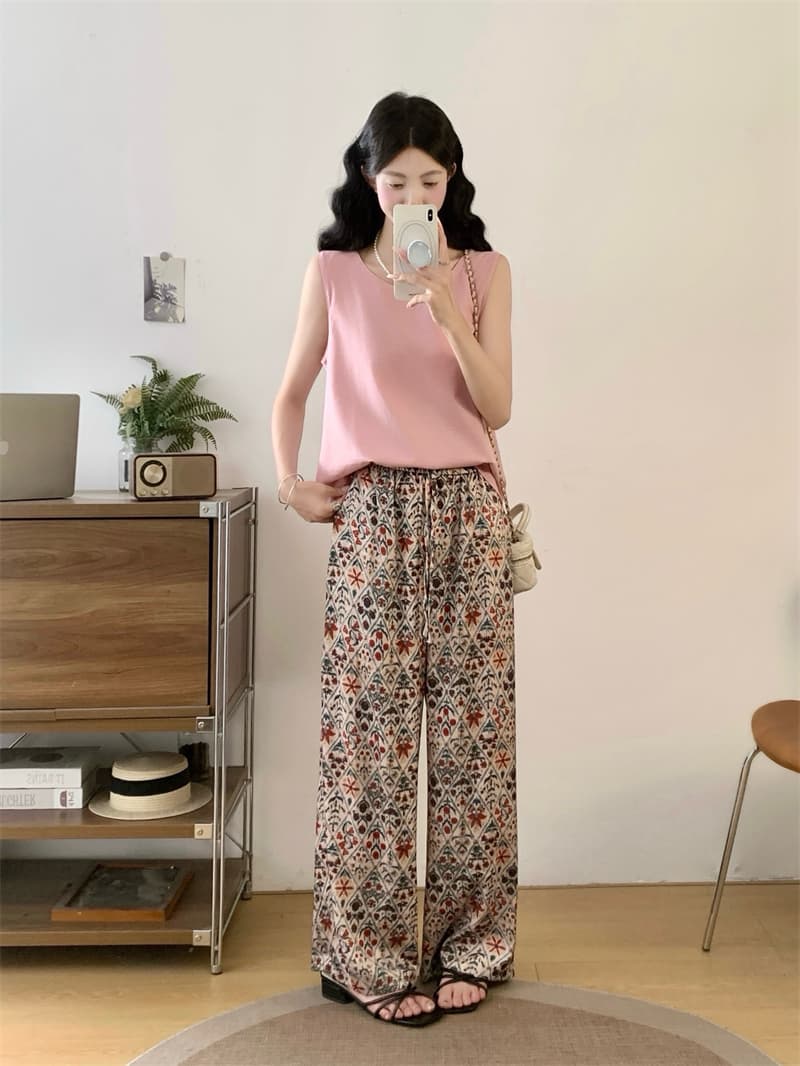지방 mm 한 부서 미니멀리즘 표지 대리인 우유 슬림해 보이는 연령 감소 민소매 맨위 꽃무늬 슬림해 보이는 와이드 레그 팬츠 상세 이미지 6