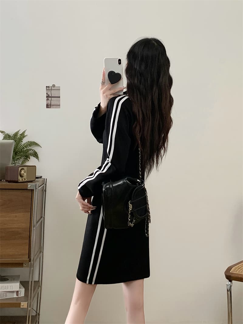 실사 지방 mm 스탠드 칼라 지퍼 길다 쇼트 스타일 슬림해 보이는 표지 고기 허리 수축 드레스 상세 이미지 24