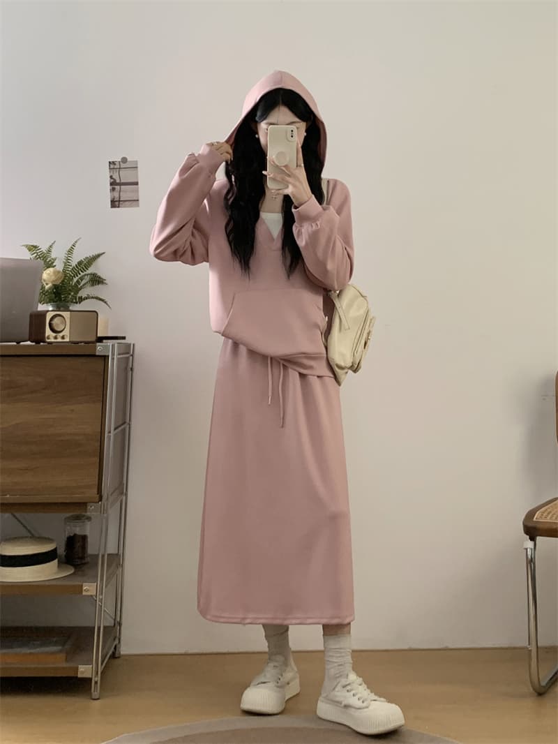 실사 지방 mm 가을 새로운 연령 감소 빅 브이 넥 후드 슬림해 보이는 표지 고기 후드티 반 스커트 세트 이미지 4