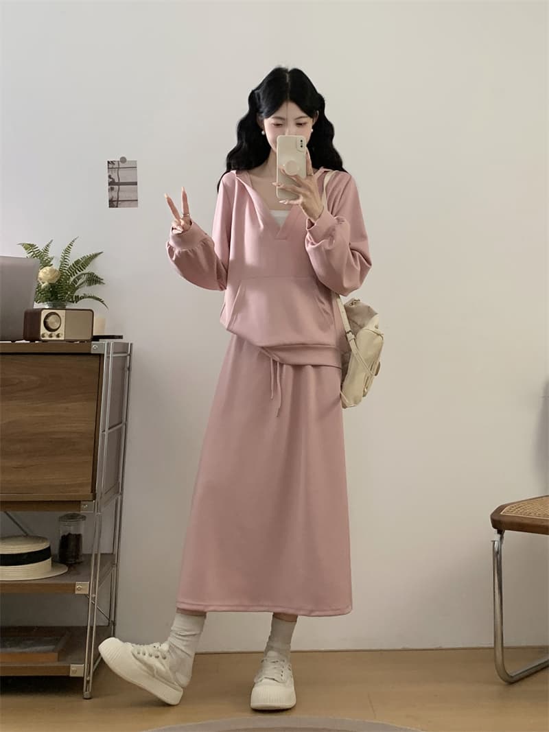 실사 지방 mm 가을 새로운 연령 감소 빅 브이 넥 후드 슬림해 보이는 표지 고기 후드티 반 스커트 세트 상세 이미지 4