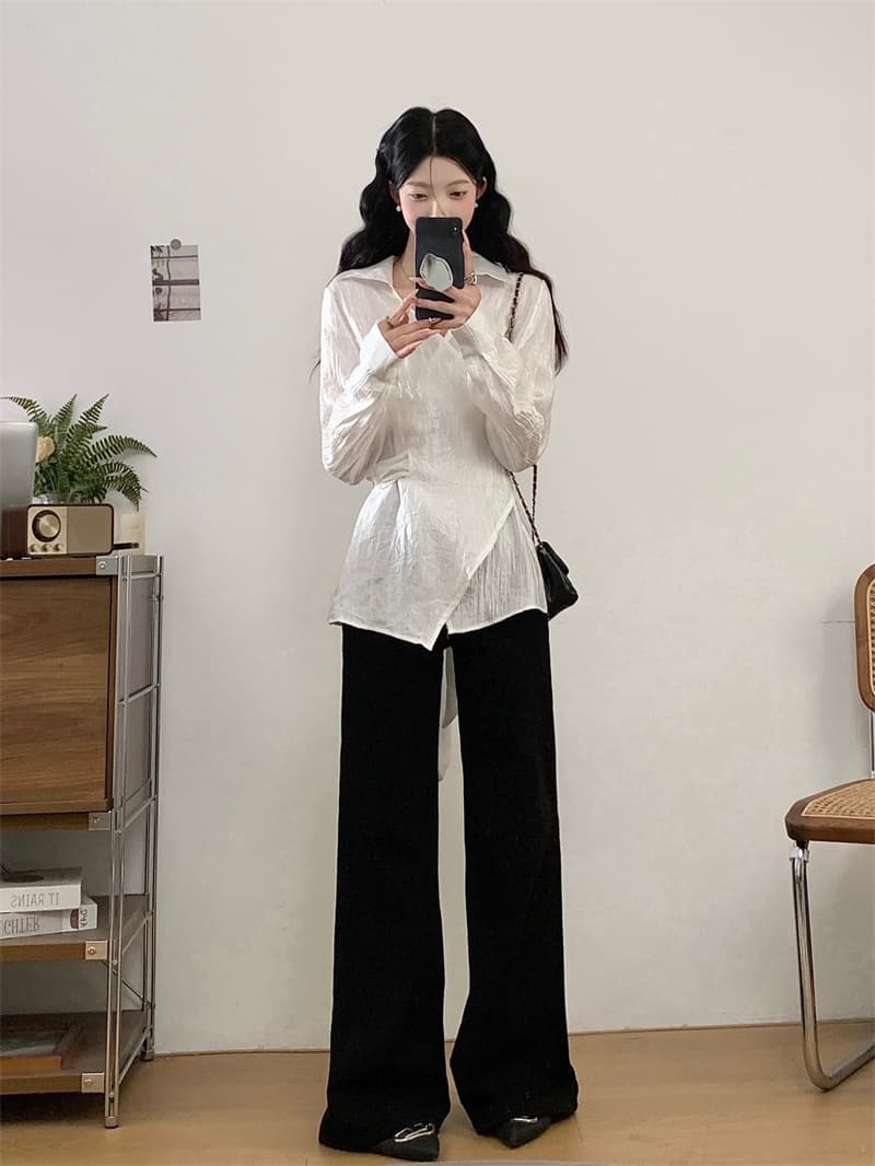 실사 지방 mm 다용도 불규칙 허리 수축 슬림해 보이는 긴팔 셔츠 상세 이미지 7