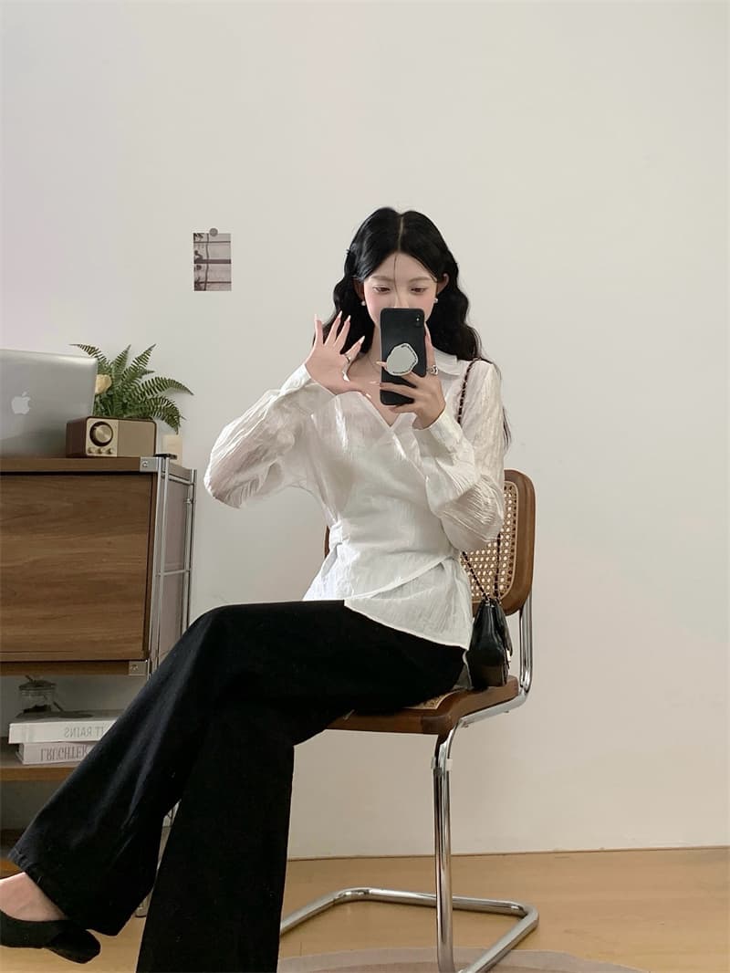 실사 지방 mm 다용도 불규칙 허리 수축 슬림해 보이는 긴팔 셔츠 상세 이미지 10