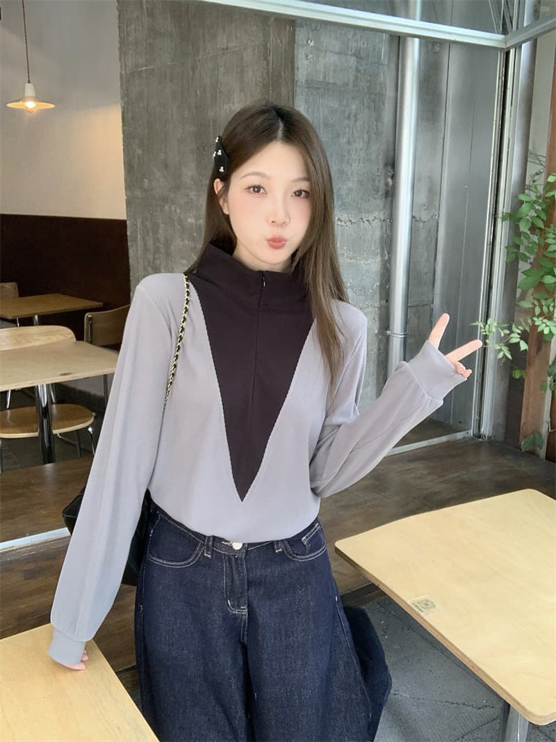 실사 지방 mm 한 부서 디자인 센스 연령 감소 패치워크 색상 하프 지퍼 슬림해 보이는 맨위 상세 이미지 3