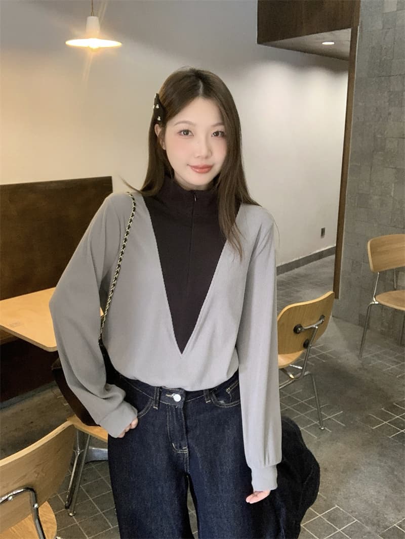 실사 지방 mm 한 부서 디자인 센스 연령 감소 패치워크 색상 하프 지퍼 슬림해 보이는 맨위 상세 이미지 11