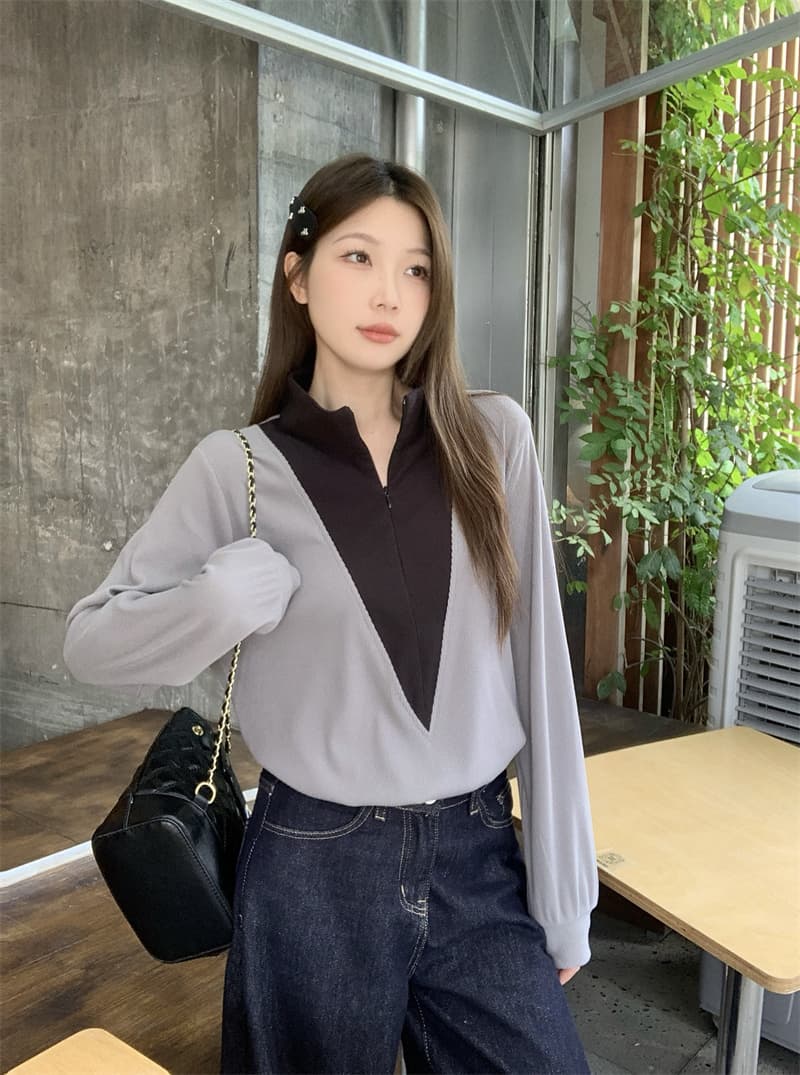 실사 지방 mm 한 부서 디자인 센스 연령 감소 패치워크 색상 하프 지퍼 슬림해 보이는 맨위 상세 이미지 12